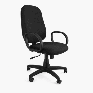 Cadeira de escritório presidente Sytema Relax preta com revestimento em courvin, base giratória nylon e braços fixos.
