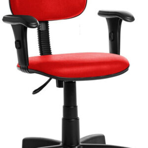 Cadeira de escritório SOUL MÉDIA FIA estofada em tecido vermelho, com braços fixos pretos, base giratória de 5 pontas preta e rodízios.