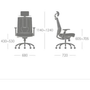 Cadeira de escritório presidente giratória com encosto alto em mesh, assento estofado, apoio de cabeça e braços ajustáveis, com dimensões técnicas.