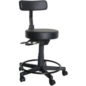 Cadeira Mocho preta com encosto ergonômico Back System, assento estofado, base giratória com rodízios e aro para os pés.