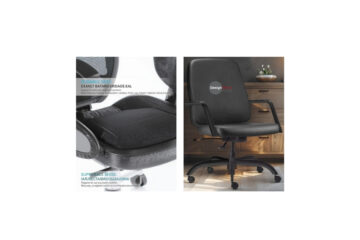 Cadeira semi sentada ergonômica Stratus EP240 preta texturizada com encosto, braços fixos e base giratória de 5 pontas.