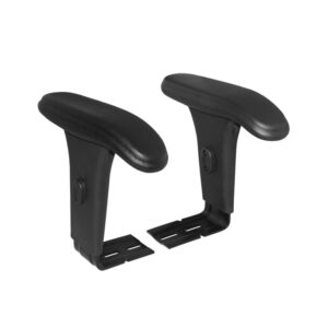 Par de braços pretos para cadeira secretária, com regulagem de altura por botão lateral e base de fixação metálica, em fundo branco.