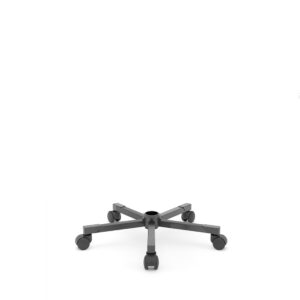 Base estrela cinza escura para cadeira de escritório, feita de aço com capa, equipada com cinco rodízios pretos. Fundo branco.