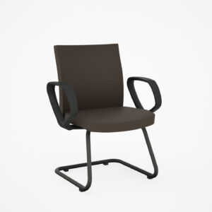 Cadeira fixa interlocutor ET7090 marrom com estofamento em couro sintético e base cantilever em aço carbono preto.