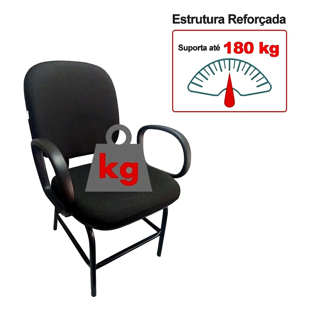 Poltrona Fixa para Obeso Reforçada até 200 kg | Braços Fixos, Estrutura em Aço, Tecido Preto — Recepção, Visita e Escritório | Cadeira Escritório IND
